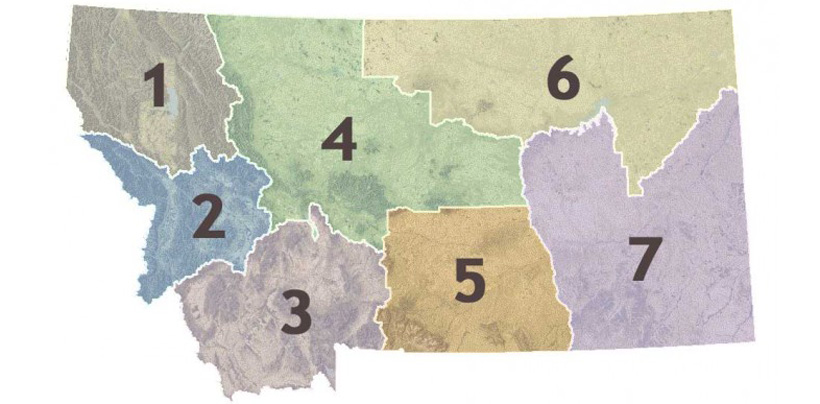 montana-hunting-region-map_0 A map of Montana's Fish Wildlife and Park commission regions, 1-7.