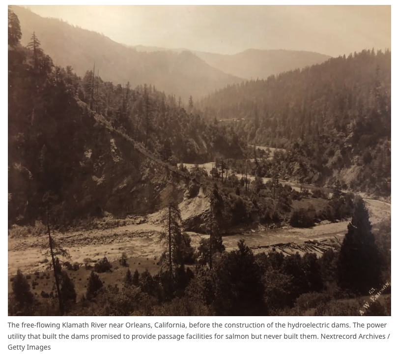 The free-flowing Klamath River near Orleans, California, before the construction of the hydroelectric dams. The power utility that built the dams promised to provide passage facilities for salmon but never built them. Salmon are returning to the Klamath River for the first time in over a century, marking a milestone in river restoration and habitat recovery. Nextrecord Archives / Getty Images