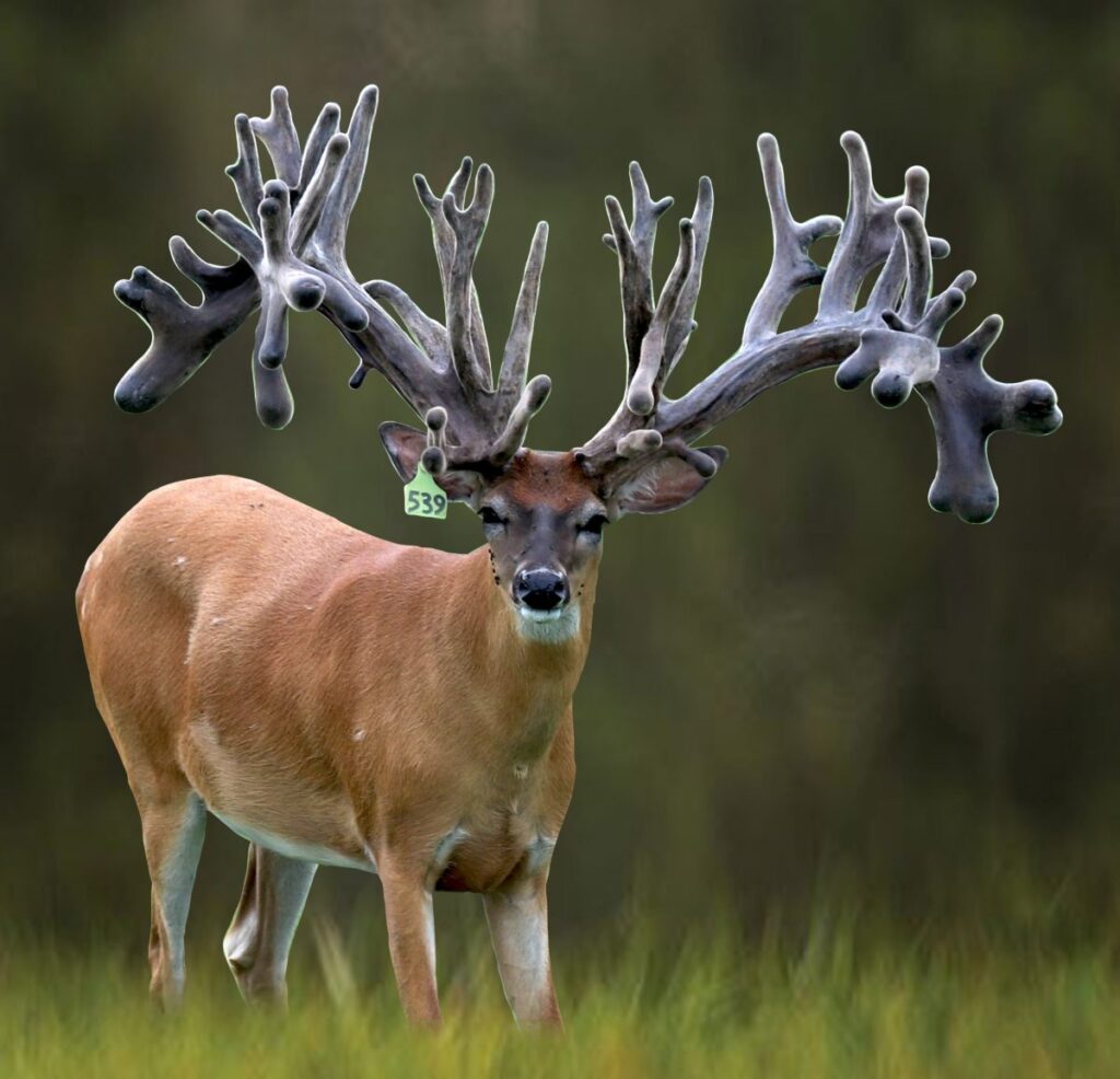 A captive whitetail buck with a massive array of antlers stands. A green cattle tag with the number 539 sits in his right ear. CWD threatens wild deer and elk as loopholes and industry pressure weaken state wildlife oversight nationwide.