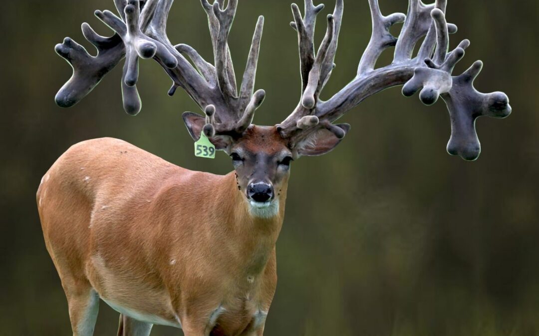 A captive whitetail buck with a massive array of antlers stands. A green cattle tag with the number 539 sits in his right ear. CWD threatens wild deer and elk as loopholes and industry pressure weaken state wildlife oversight nationwide.