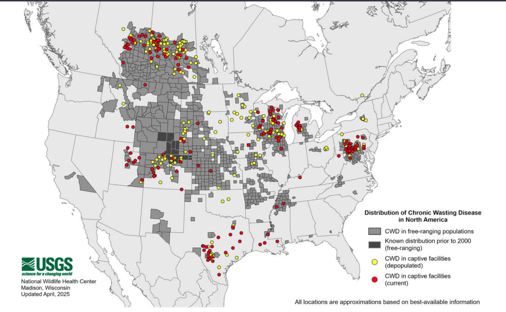 USGS Distribution of Chronic Wasting Disease (CWD) in North America. CWD threatens wild deer and elk as loopholes and industry pressure weaken state wildlife oversight nationwide.